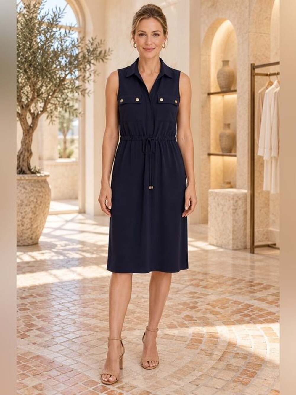 Boston Proper Navy Utility Midi Dress Gold Hardware 🩷